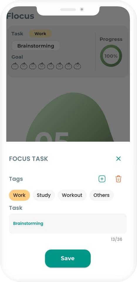 Flofocus task sheet with tags for Work, Study and Workout