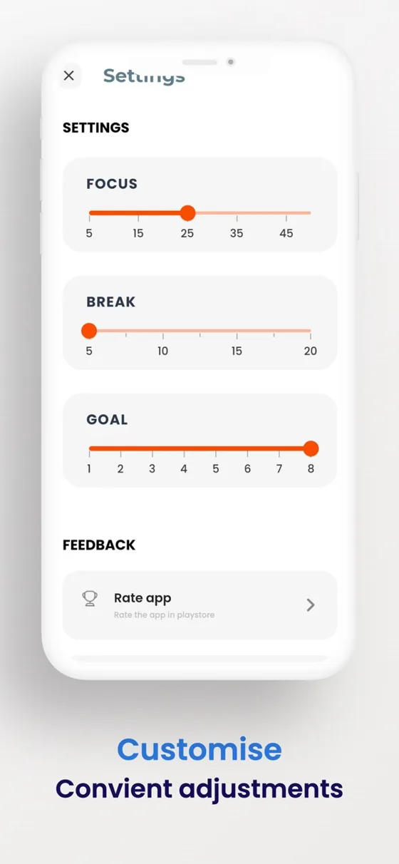 Settings with focus, break and goal sliders