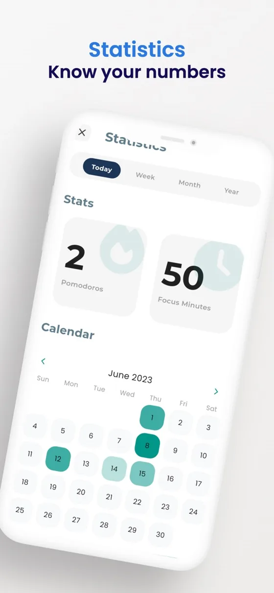Statistics with sessions, focus minutes and a calendar